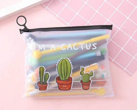 Marvel cartoon cactus pen set showing 20 black 0.5mm pens in plastic storage case
