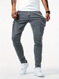 Men's multi-pocket casual work trousers in cotton denim, black, with zipper fly and skinny leg