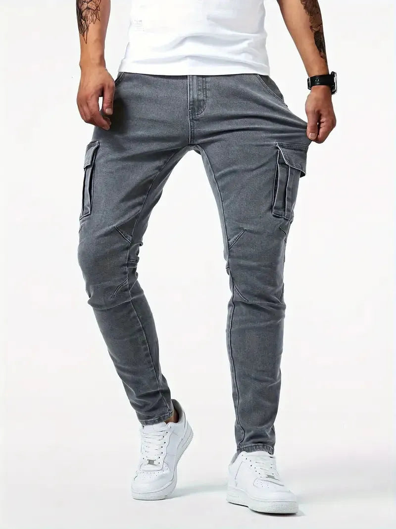 Men's multi-pocket casual work trousers in cotton denim, black, with zipper fly and skinny leg
