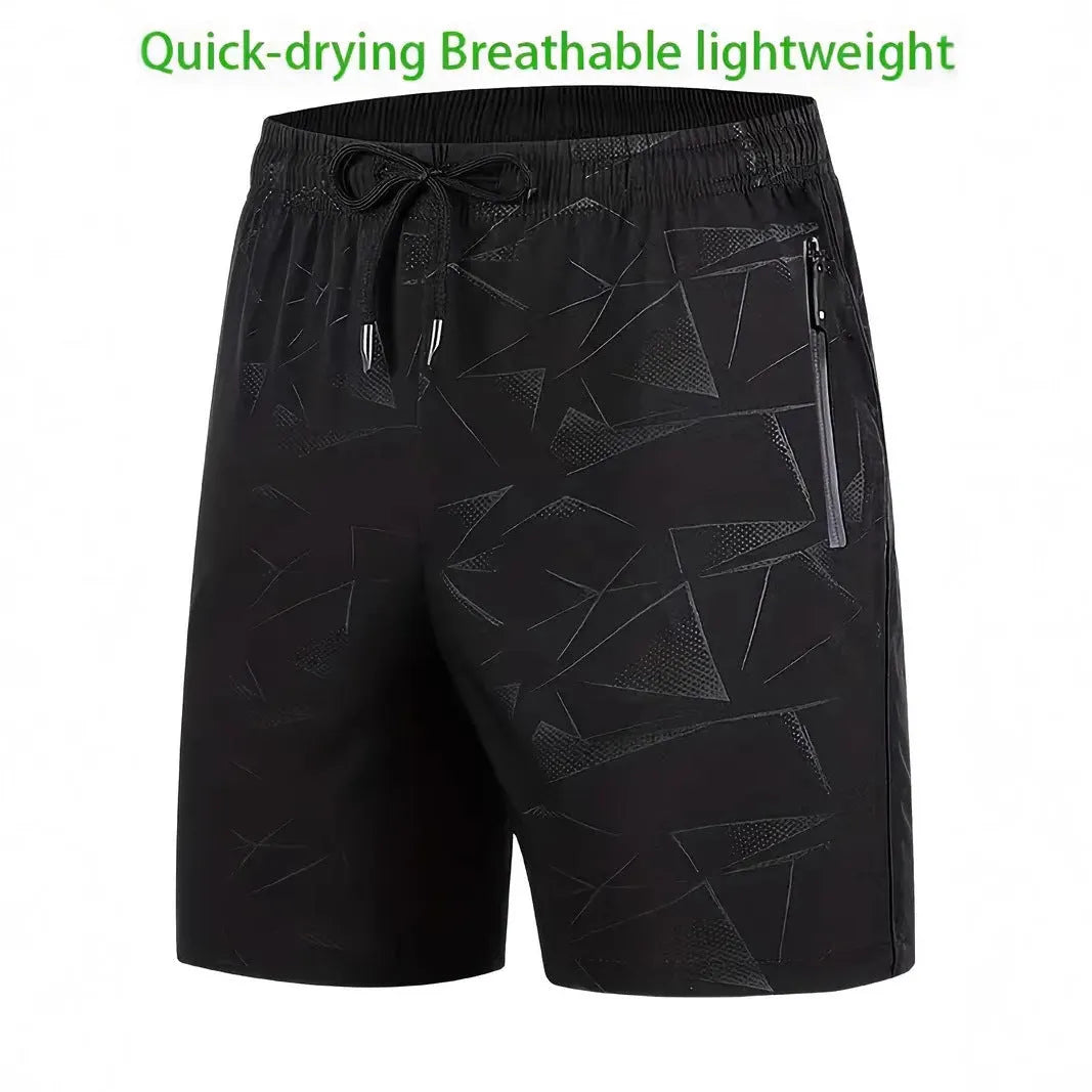 Men's loose fit sports shorts with printed patterns in polyester fabric available in black grey blue colours