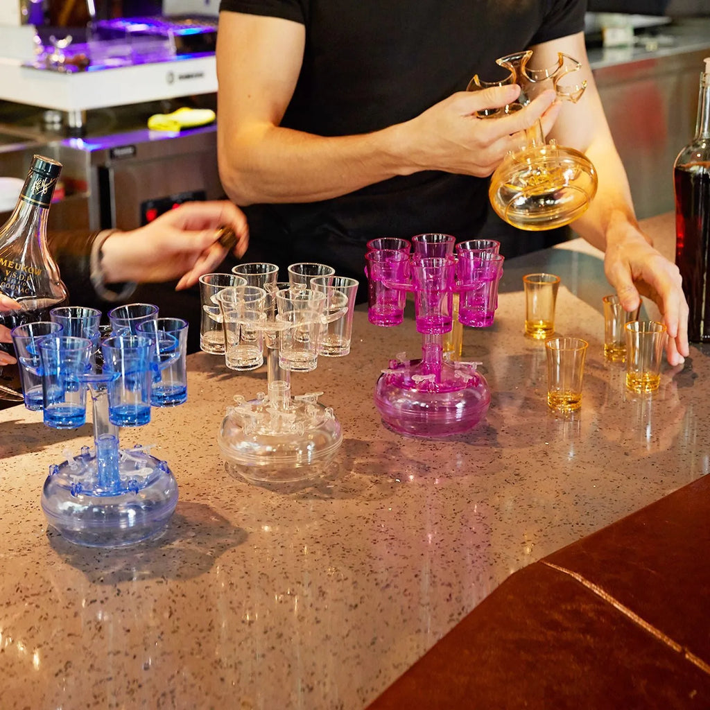 Transparent six-shot glass dispenser holder with goblet shape and six cups
