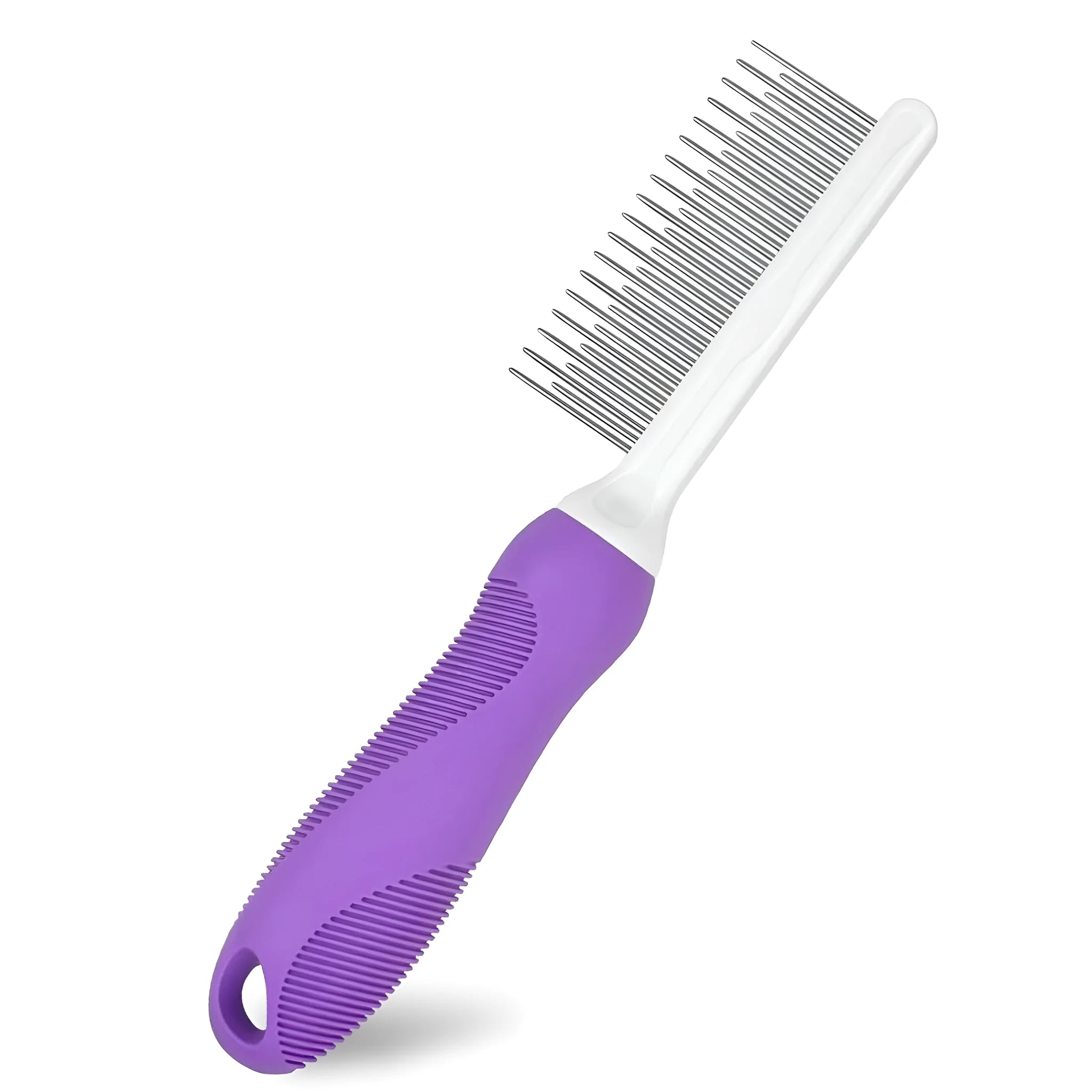 Purple pet detangling comb with stainless steel teeth and ergonomic handle on white background.