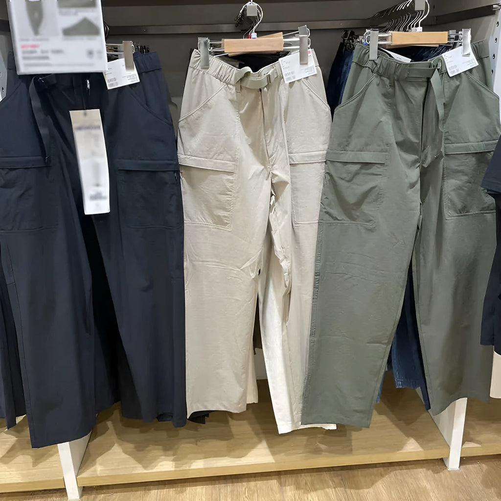 Men's beige straight-leg casual trousers with a mid-waist, made from bamboo fibre fabric.