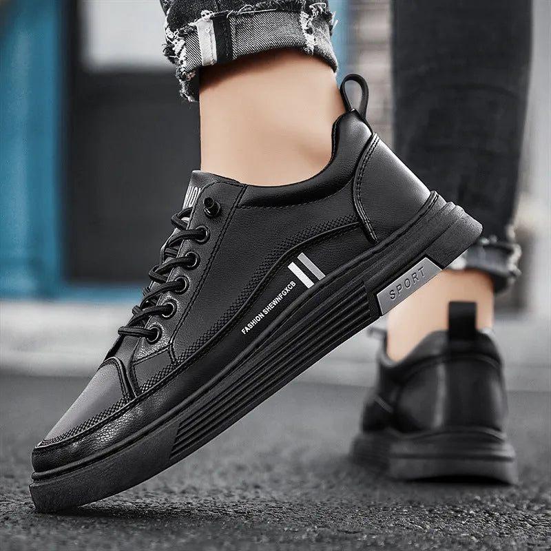 Men's black and white microfiber skateboard shoes with elastic band closure and rubber sole