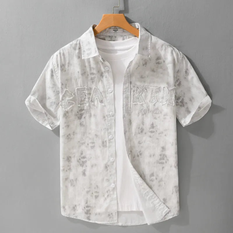 Men's grey white pure cotton short-sleeve cardigan with loose fit and hanging dyed print