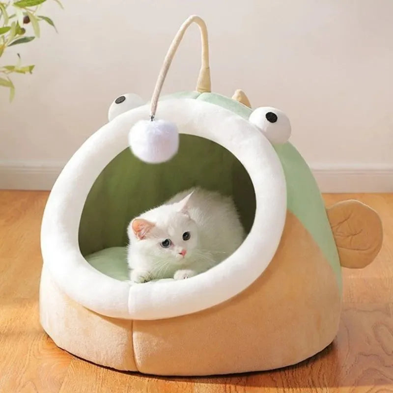 Deerskin velvet semi-closed cat house lantern fish design in grey, shown in small medium large sizes