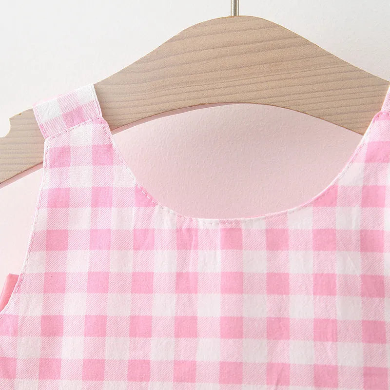 Baby girl plaid skirt in pink with free matching straw hat, 90 percent cotton