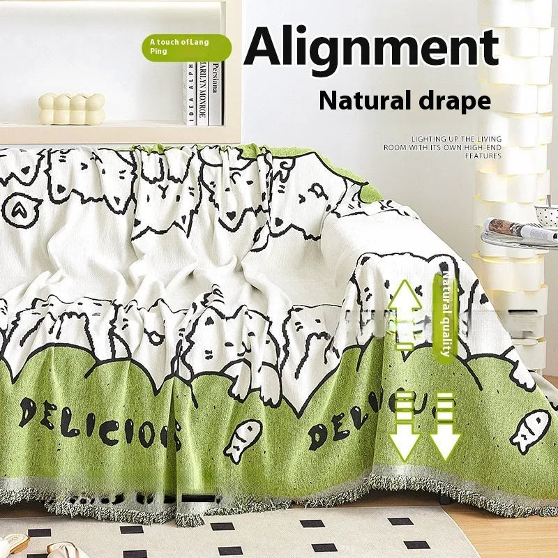 Thickened waffle sofa towel in cartoon anime Meow star paradise print, full covered one piece, 180 cm wide