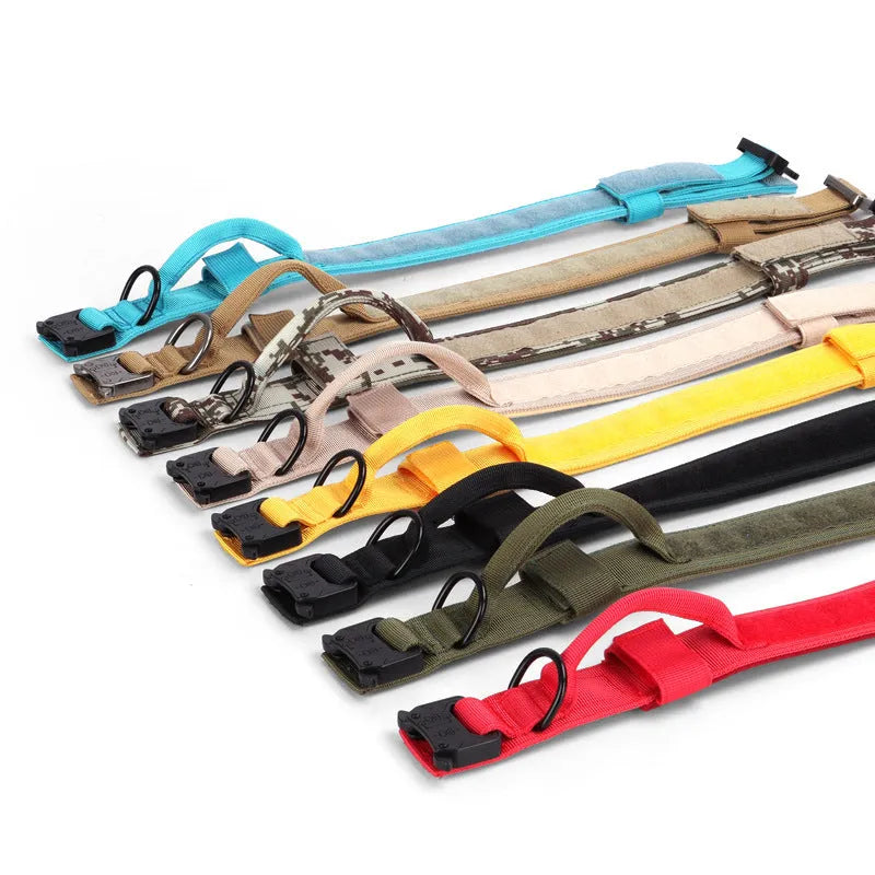 Adjustable military tactical dog collar in nylon webbing with metal buckle, 3.8cm wide, available in multiple colours and sizes