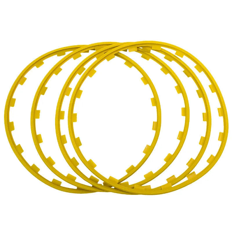 Set of four coloured nylon wheel hub protection rings for alloy wheels.