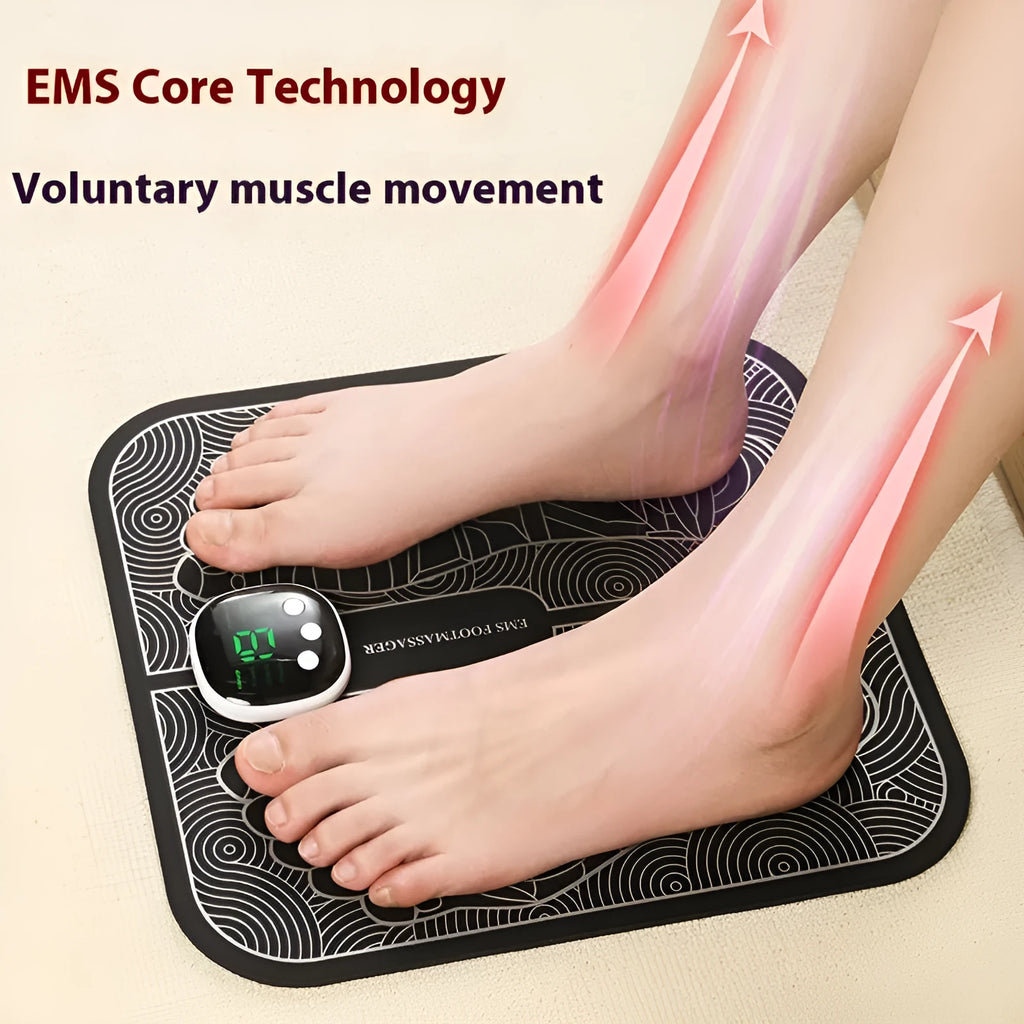 Blue rechargeable reflexology foot massager mat with remote control and USB cable