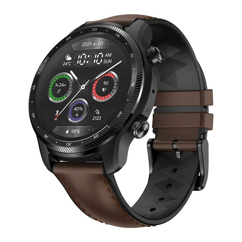 Black Ticwatch Pro X smartwatch on wrist showing time and heart rate on its dual-layer display.