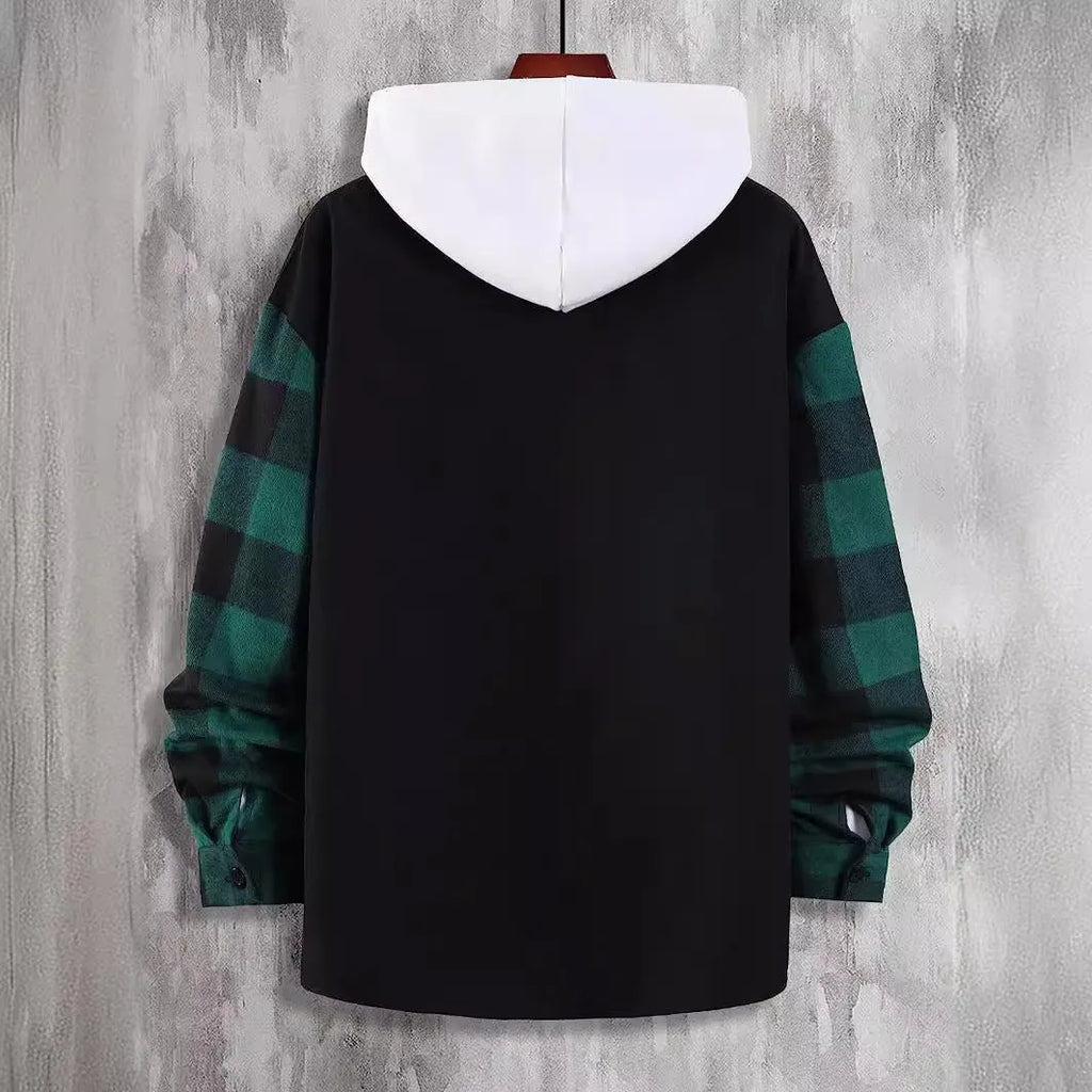 Men's cotton plaid long sleeve shirt in orange or green, loose cardigan style, sizes S to XXXXL