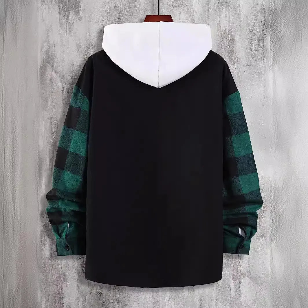 Men's cotton plaid long sleeve shirt in orange or green, loose cardigan style, sizes S to XXXXL