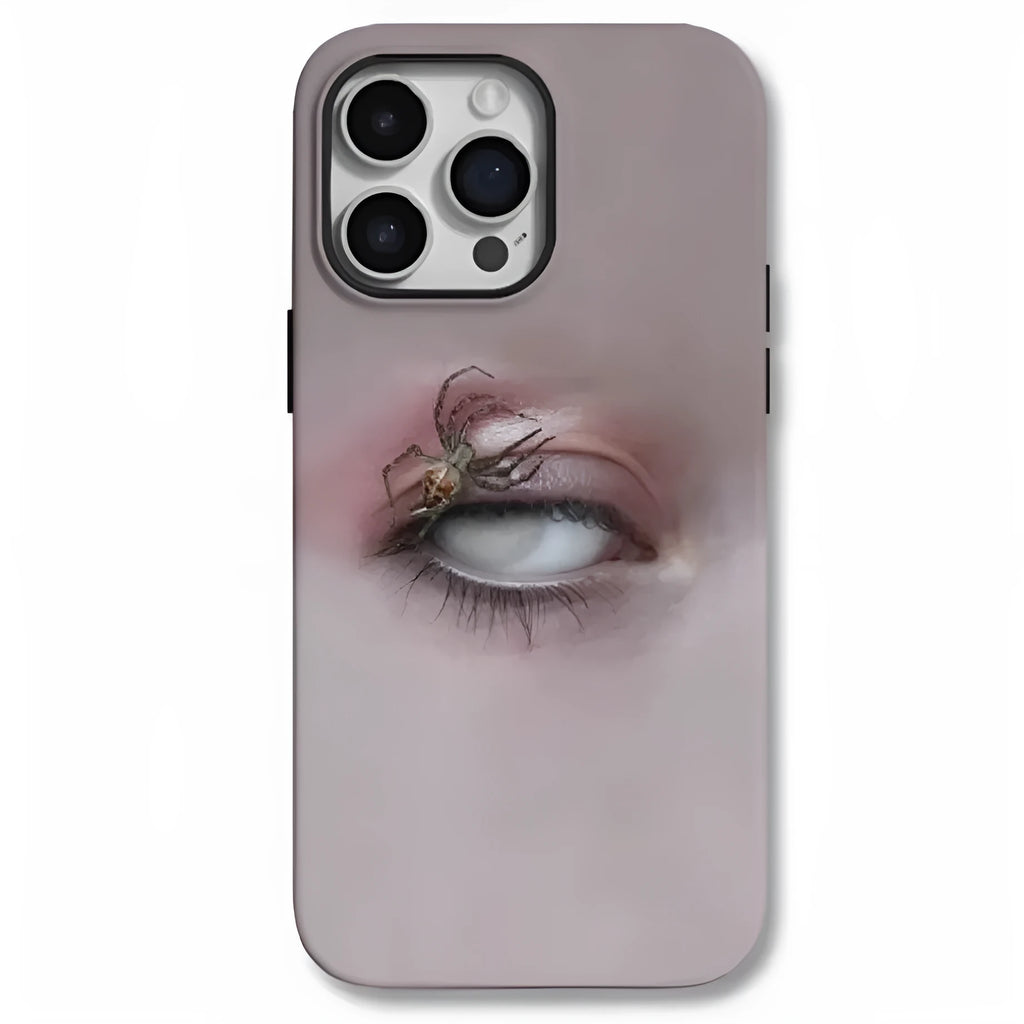 Dark heterochromatic spider pattern resin phone case for iPhone, shown in frosted colour option.