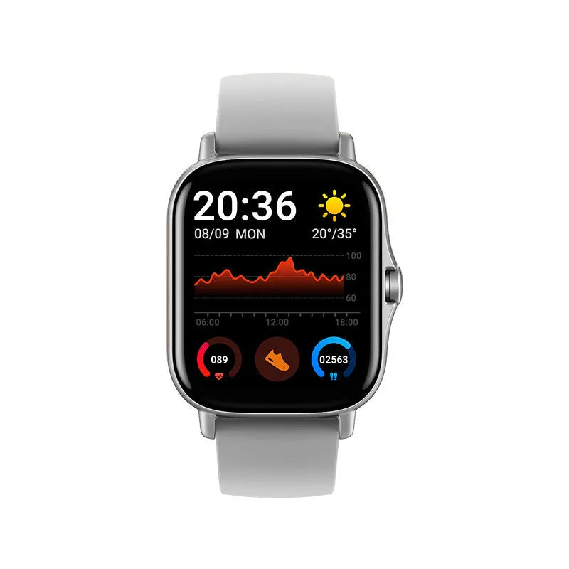GT20 smart Bluetooth watch with alloy case and silicone strap showing heart rate monitoring on screen.