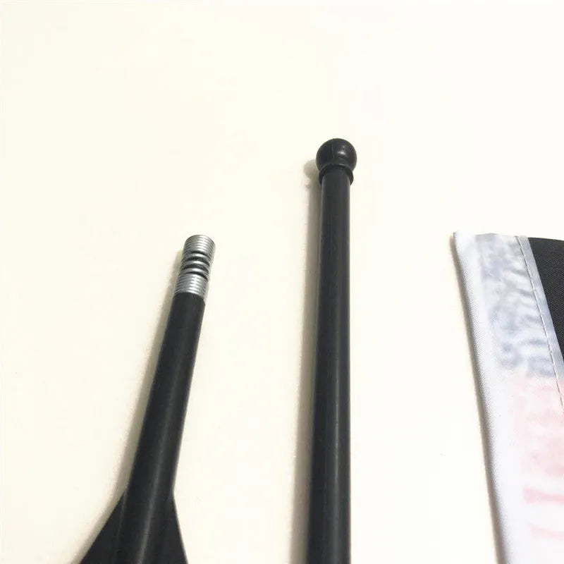 Square polyester car flag on a 30 cm white plastic pole for handlebar mounting or hand waving.