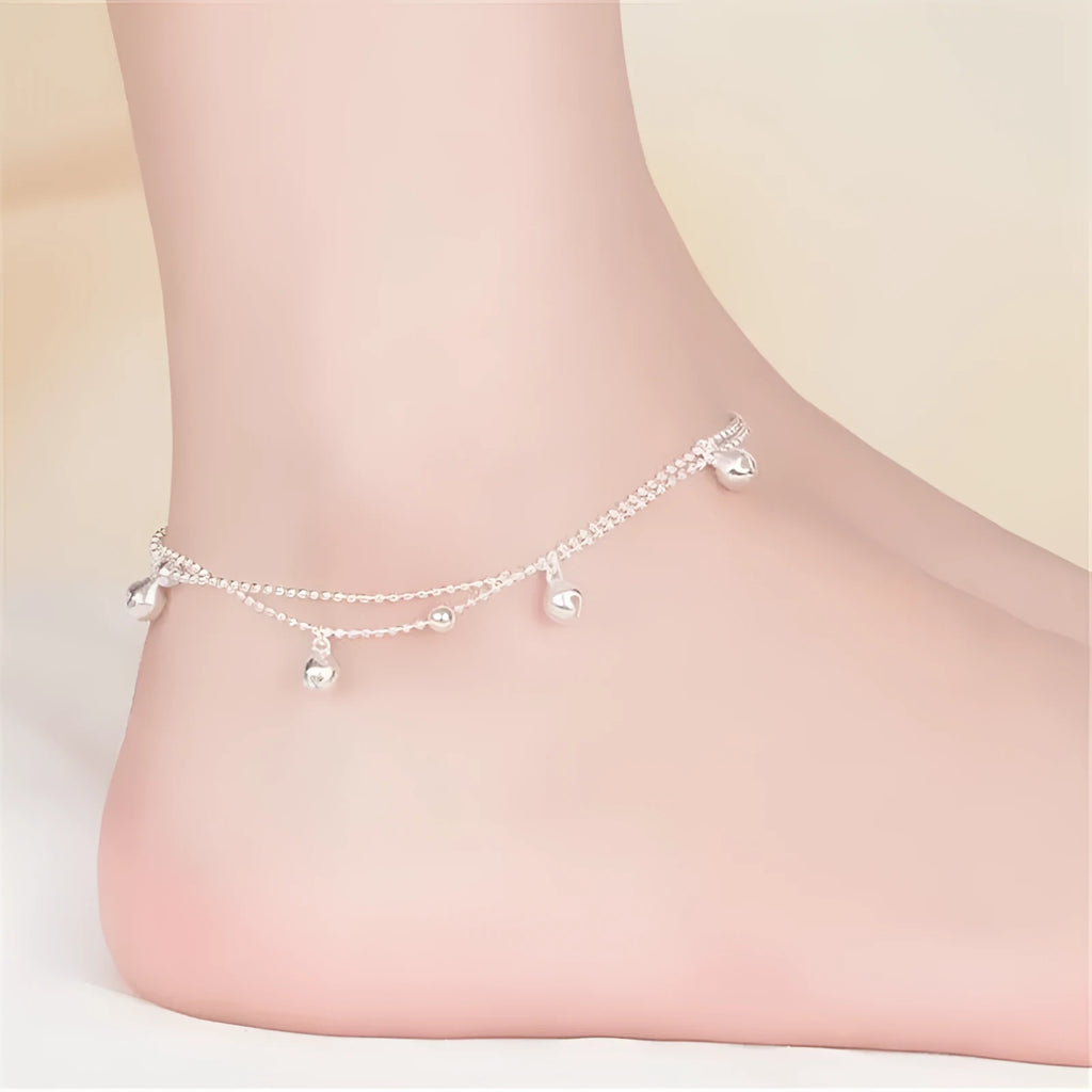 Silver plated bell anklet with geometric design, 16cm chain plus 3cm extension, copper base