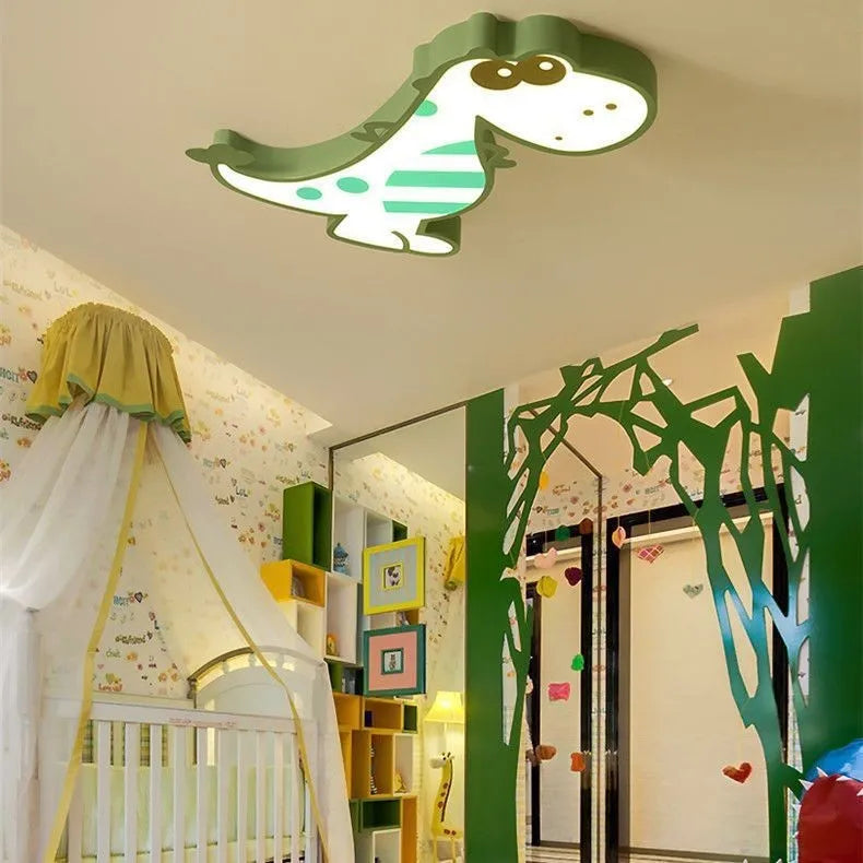 48cm cartoon dinosaur ceiling light with aluminium body and PVC shade, showing electrodeless dimming control.