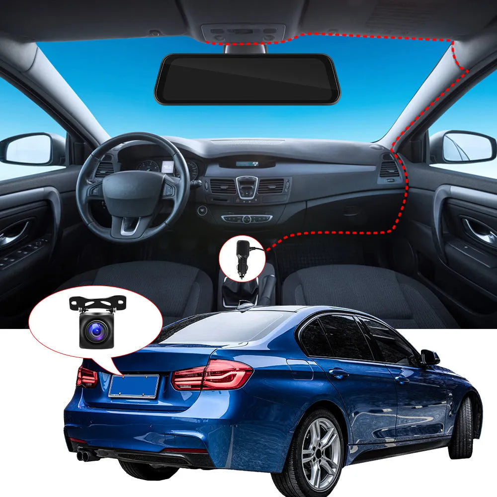 9.66-inch car mirror dash cam with touch screen displayed on a car windscreen.