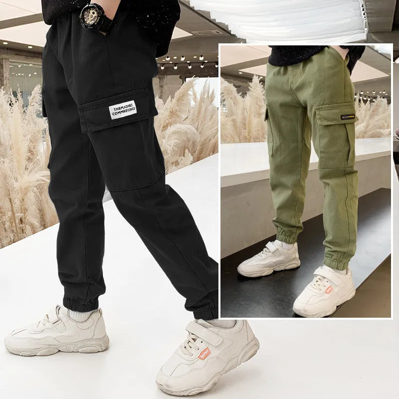 Boys' cotton casual trousers in army green, black or khaki for middle school children aged 8+
