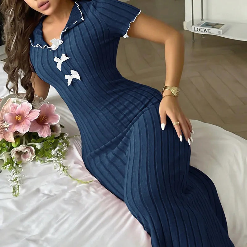 Jumpsuit style nightgown mid length dress in polyester with three-quarter sleeves, available in Light Purple, Dark Blue, Dark Red