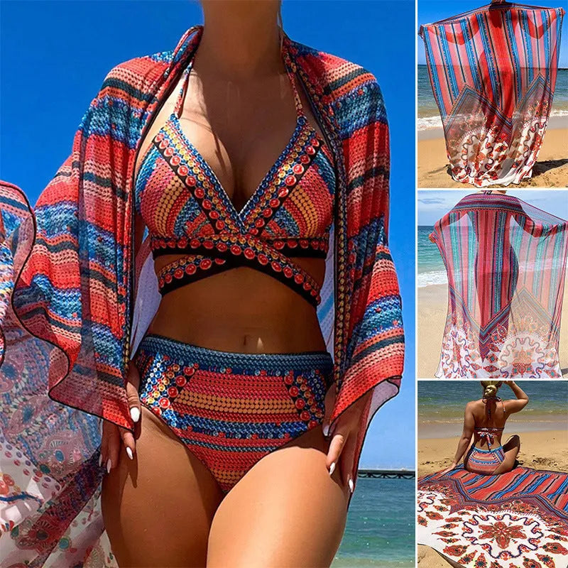 A three-piece women's swimsuit set showing a cutout blouse, high-waist briefs, and a sleeveless cover-up coat.