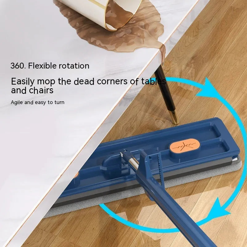 Large flat mop with long stainless steel handle and blue fine fibre mop cloth on a tiled floor
