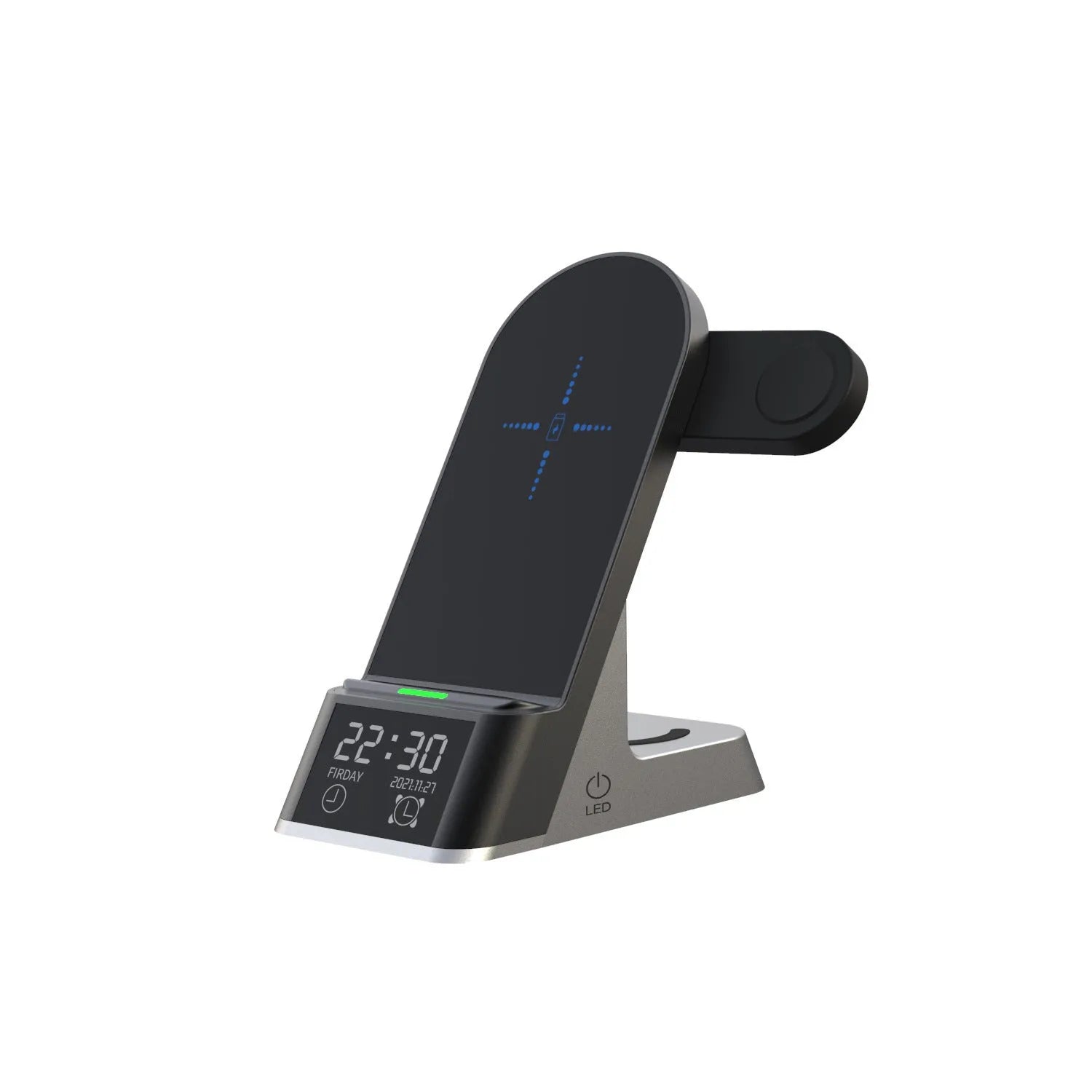 Creative H35 multifunctional wireless charging station with alarm clock in black, showing phone, watch, and earbud charging pads