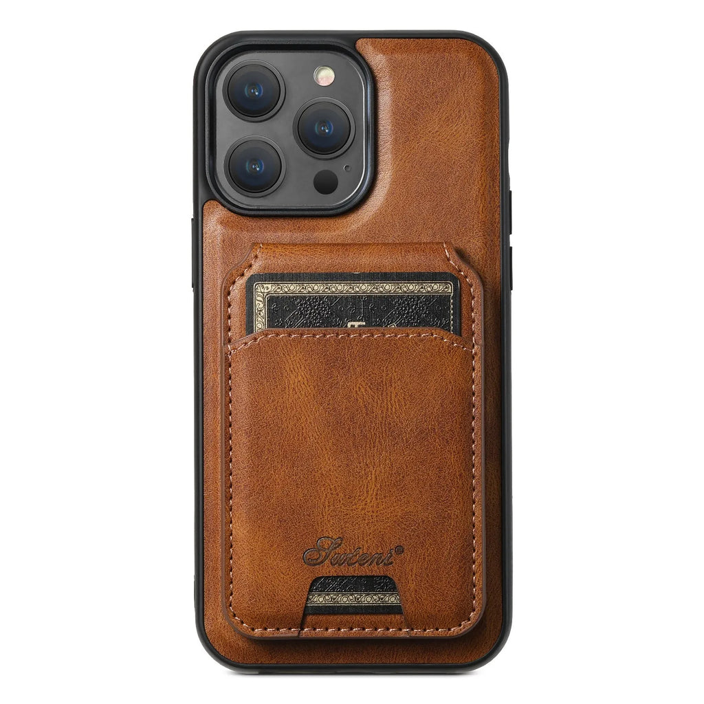 MagSafe-compatible silicone phone case with a magnetic card holder on the back in an oil wax pattern finish.