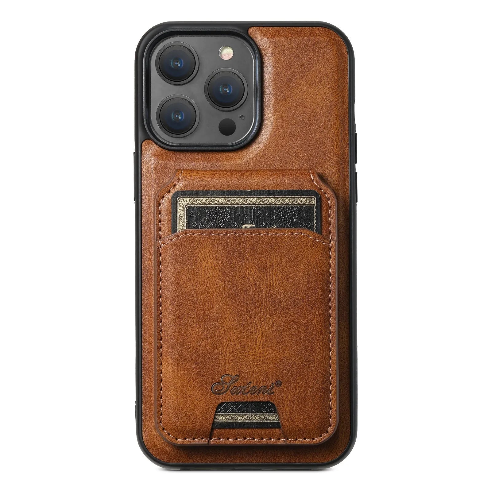 MagSafe-compatible silicone phone case with a magnetic card holder on the back in an oil wax pattern finish.