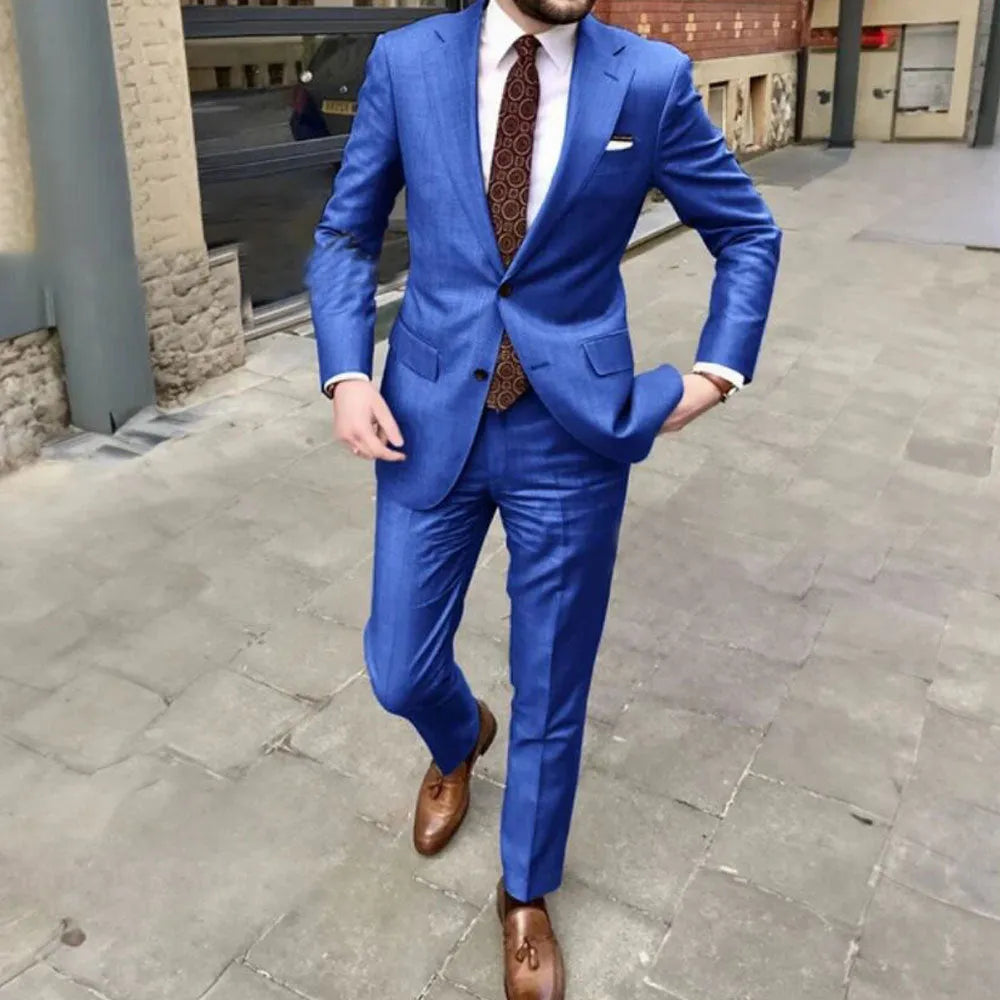Men's slim fit two-button business suit in acetate fibre available in multiple colours