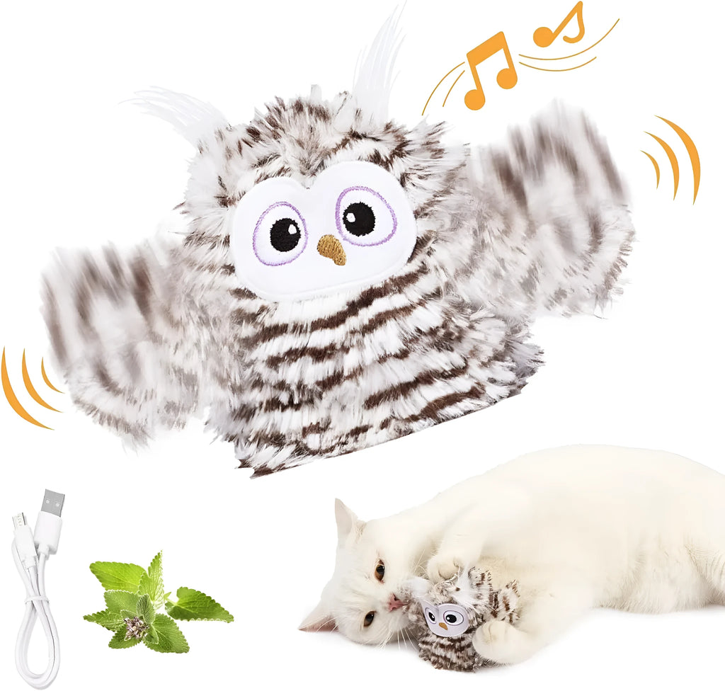 Gray rechargeable automatic chirping owl cat toy with flapping wings