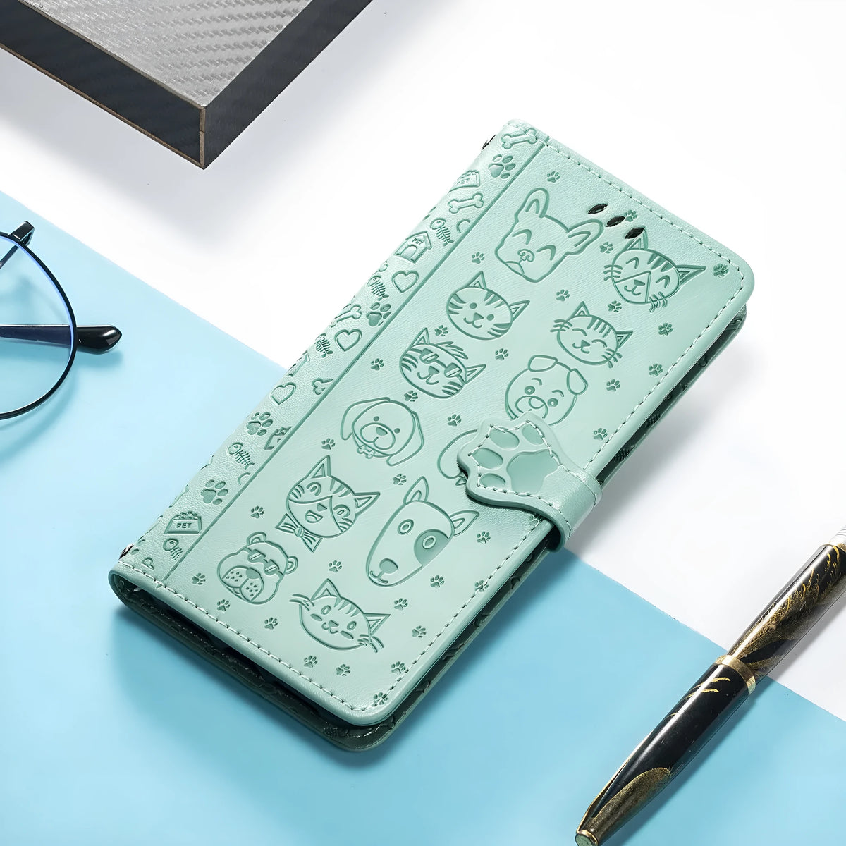 iPhone 16 TPU leather phone case with invisible bracket in pink, blue, rose gold, purple, gold, grey, green or yellow.