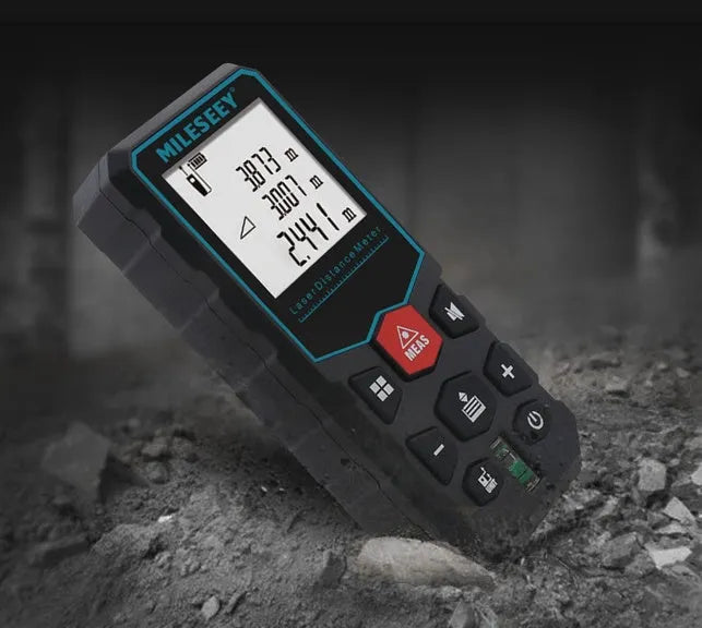 Handheld laser rangefinder 115x50x28mm in classic black showing digital display and button