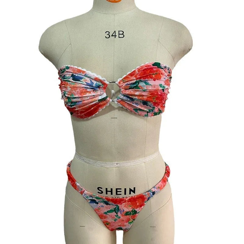 Colourful floral print European and American style bikini tube top with lace trim and matching shorts