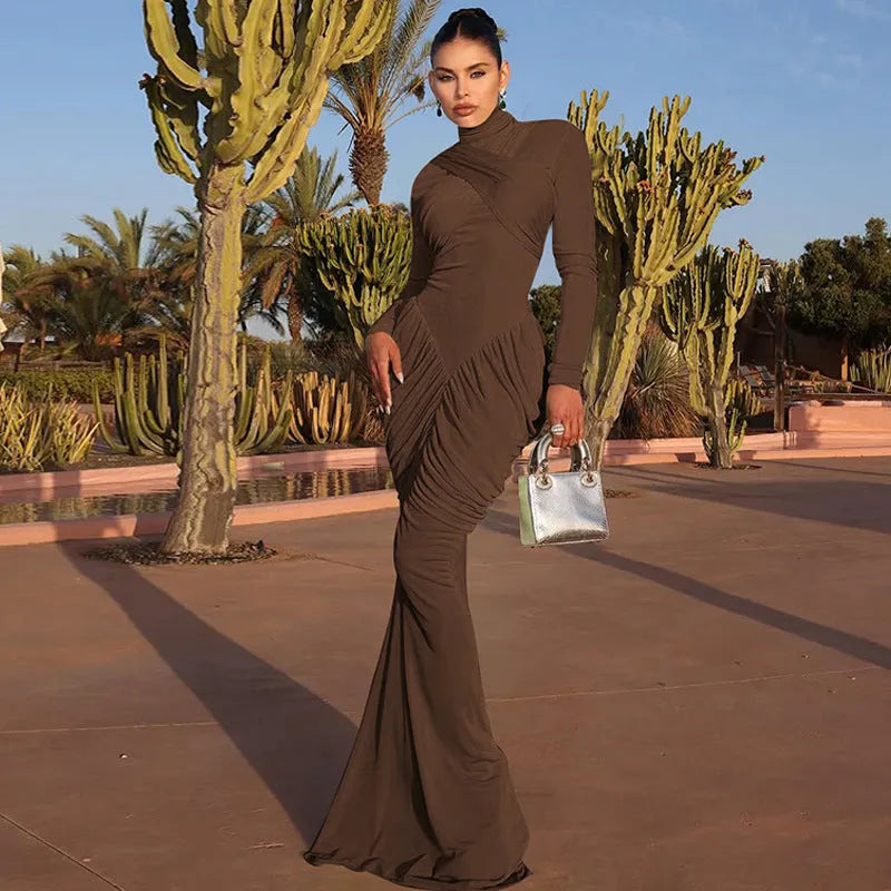 Women's solid colour high neck long sleeve ruffle back bodycon dress in black, front view