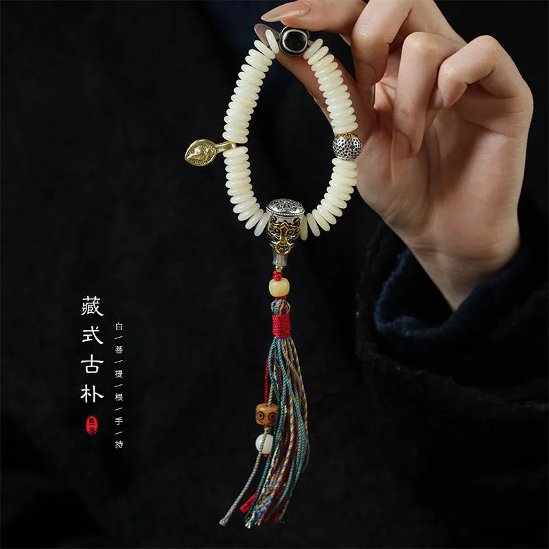 White Bodhi bead bracelet with 3 × 10mm beads in Tibetan style