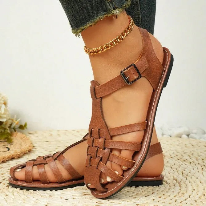 Dark brown women's vintage weave sandals with closed toe and buckle strap.