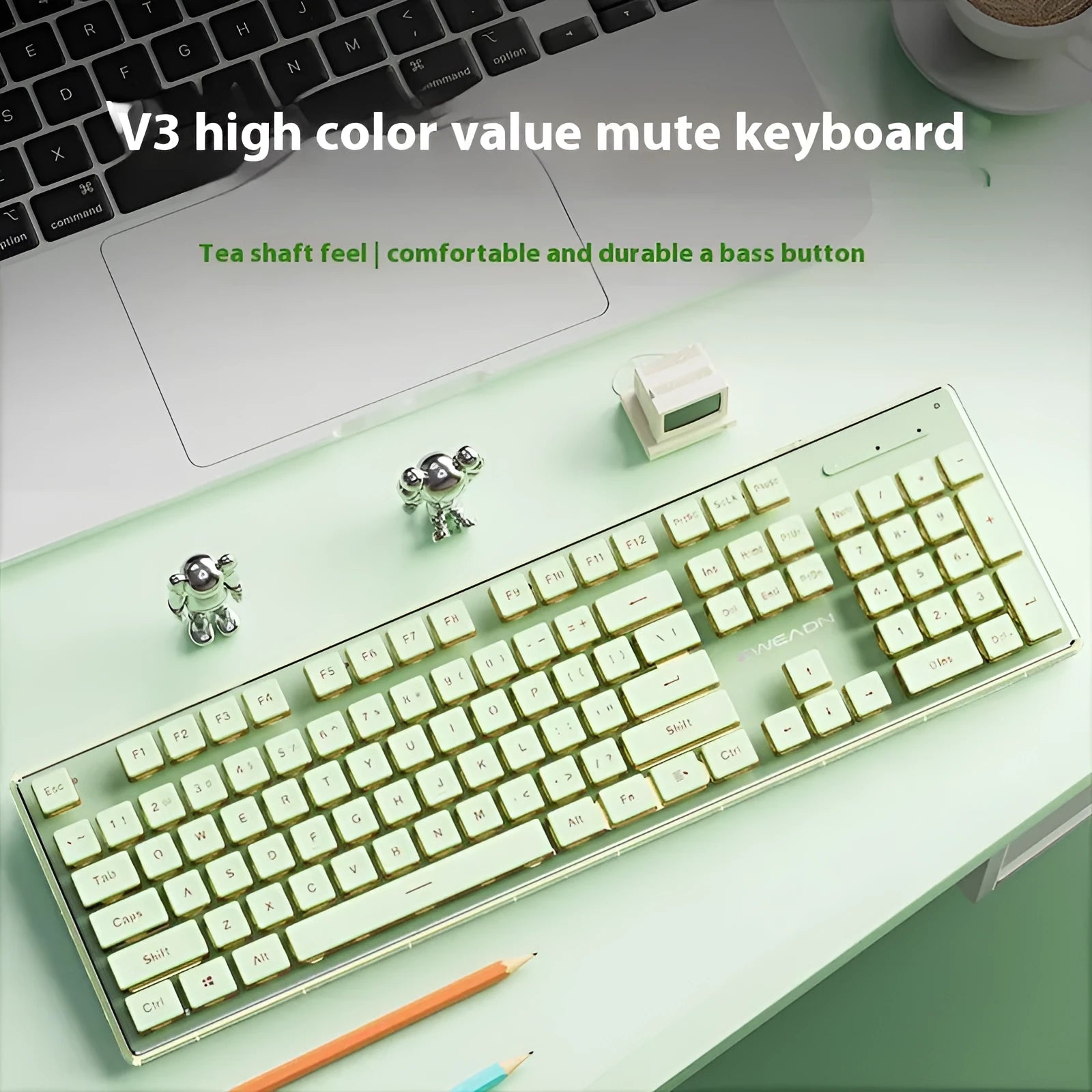 Prewalker V3 wired mechanical-feel keyboard and mouse set in retro green colour on a desk.
