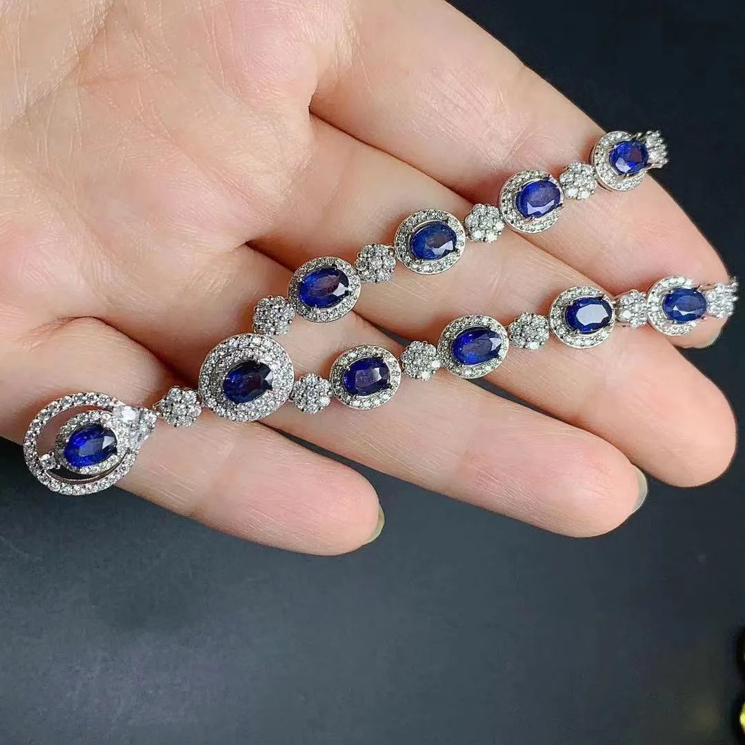 925 silver necklace with natural Sri Lankan sapphire and white gold colour geometric pendant