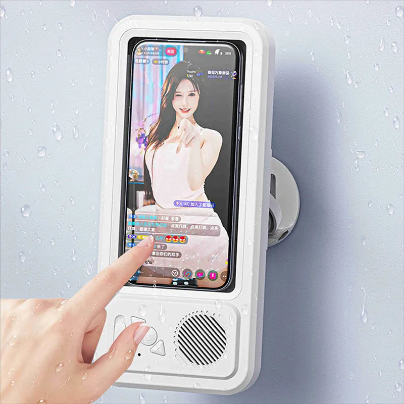 White bathroom waterproof mobile phone box bracket with charging cable and mechanical operation mode