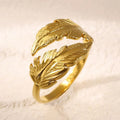 Adjustable titanium steel feather ring with silver electroplated finish on female hand