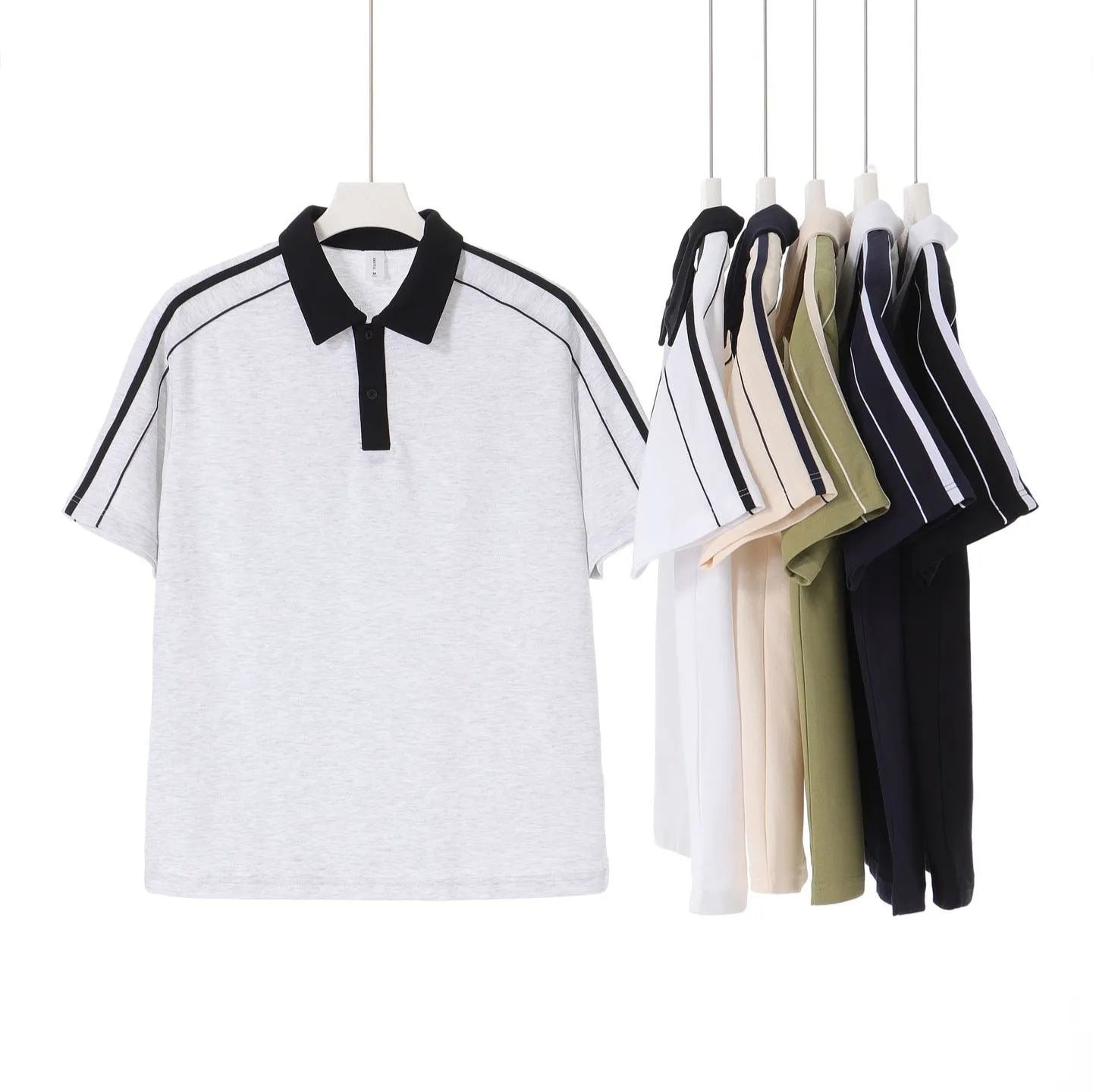 Casual lapel short sleeve polo shirt in cotton blend with drop shoulder loose fit
