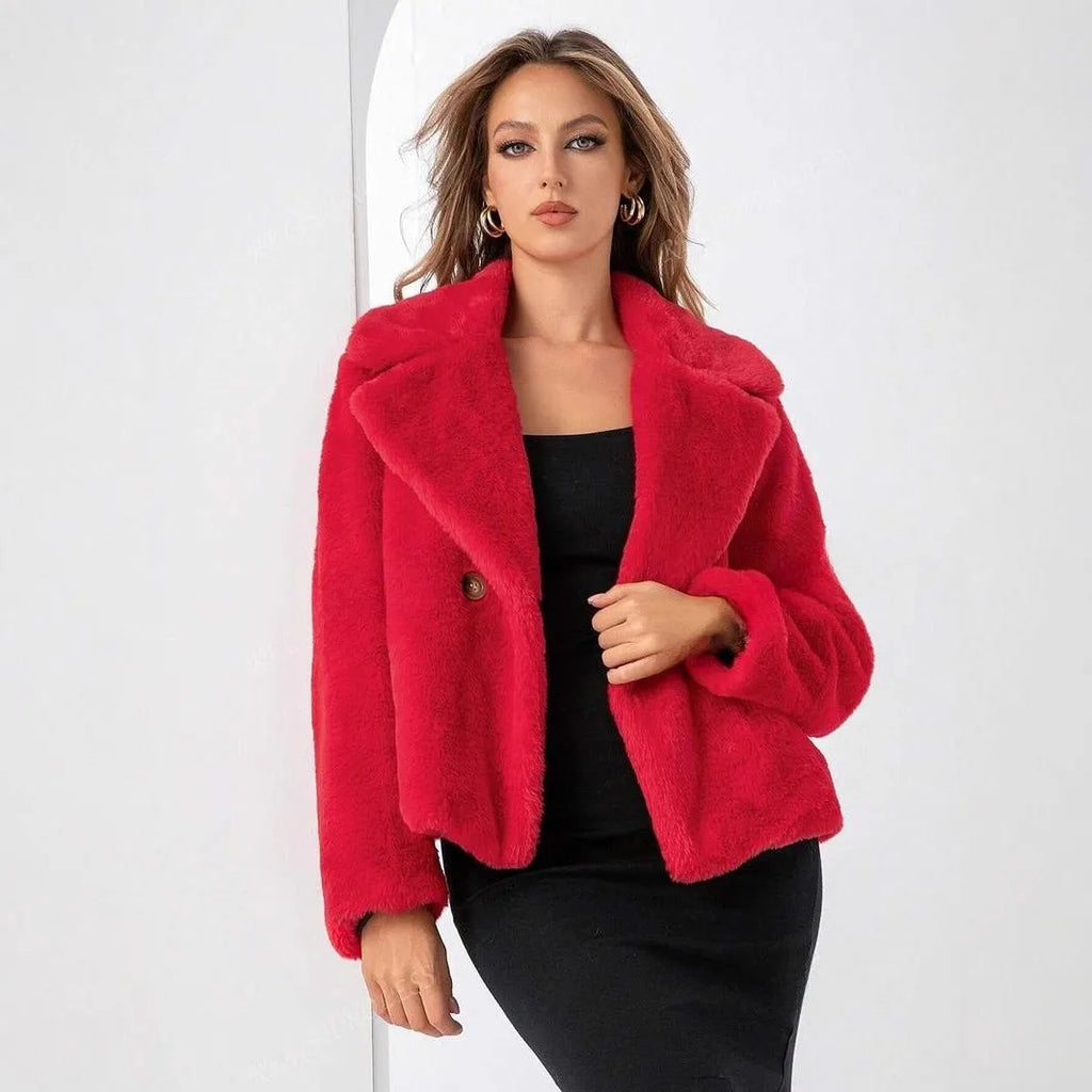 Short loose-fitting women's faux fur coat in rose red on a model.