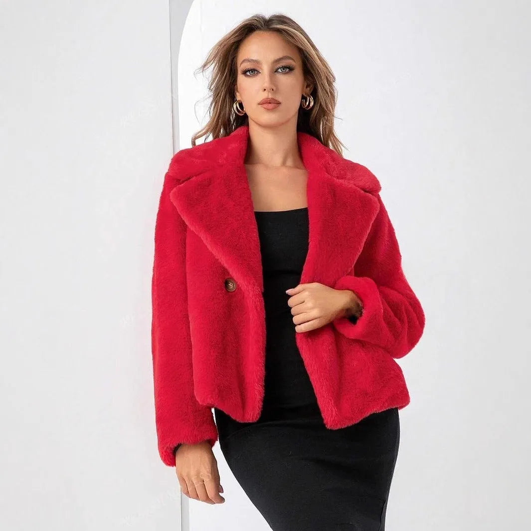 Short loose-fitting women's faux fur coat in rose red on a model.