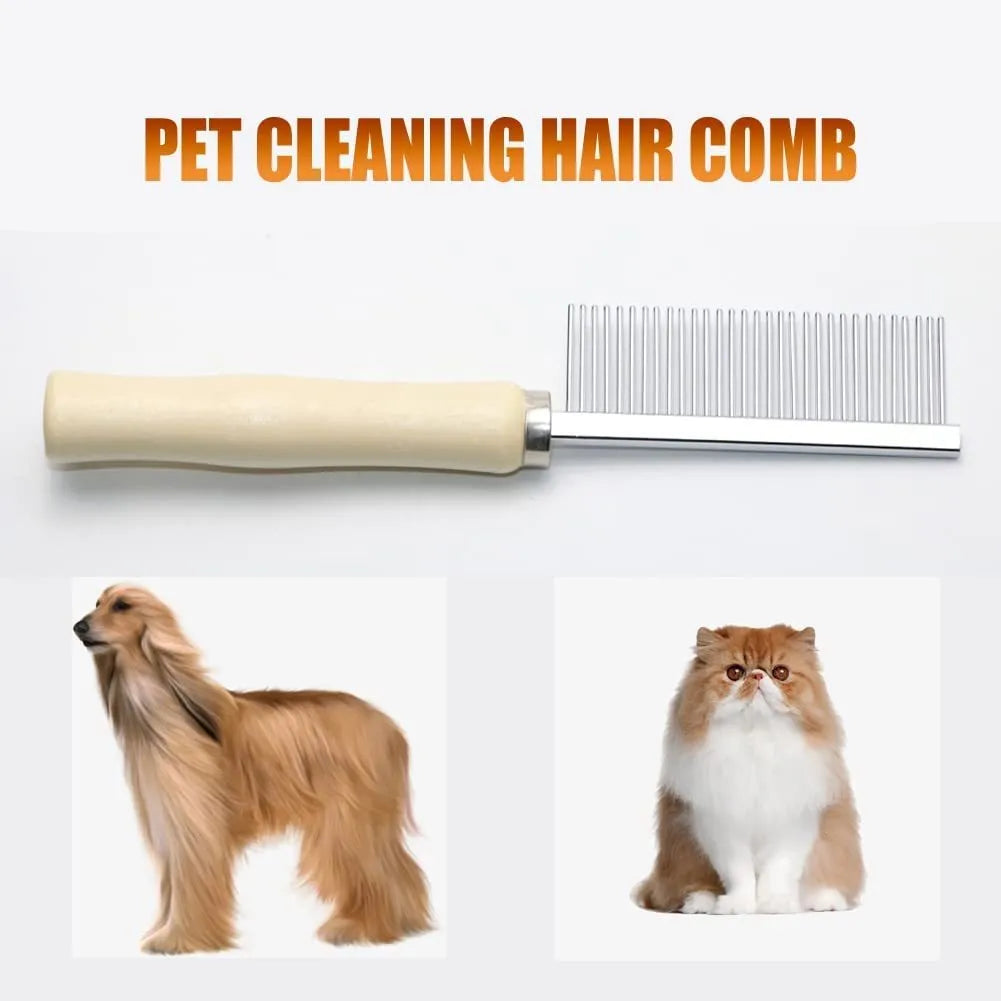 Wooden handle pet grooming comb for dogs and cats with rounded safety teeth.