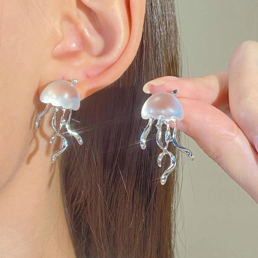 Frosted deep-sea jellyfish necklace and earrings with 30mm to 35mm pendant and under 10cm extension chain