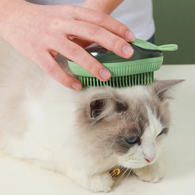Styling pet silicone shower brush in dark green on a white background